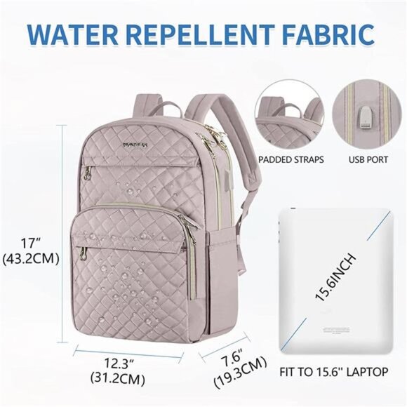Women\'s Laptop Backpack Water-Repellent w/ USB Charging Port Quilted Pink, 15.6\